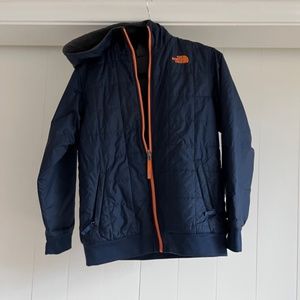 North Face Reversible Jacket Boy’s Youth  14/16  Hooded Navy/Grey/Orange